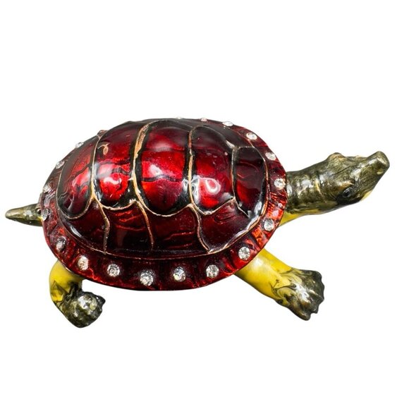 VTG Turtle Red Shell Enamel Over Metal Bejeweled Hinged Trinket Box Pill Box - Picture 6 of 10